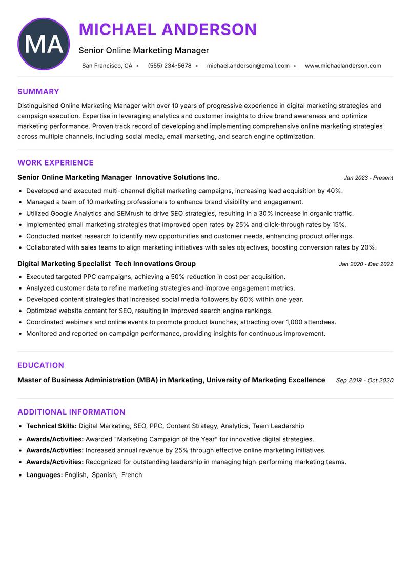Online Marketing Manager resume example