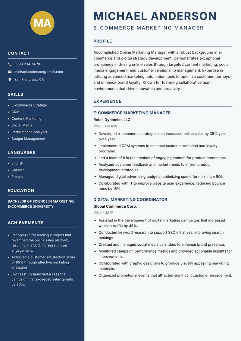 Online Marketing Manager resume sample — E-commerce Marketing Manager focus
