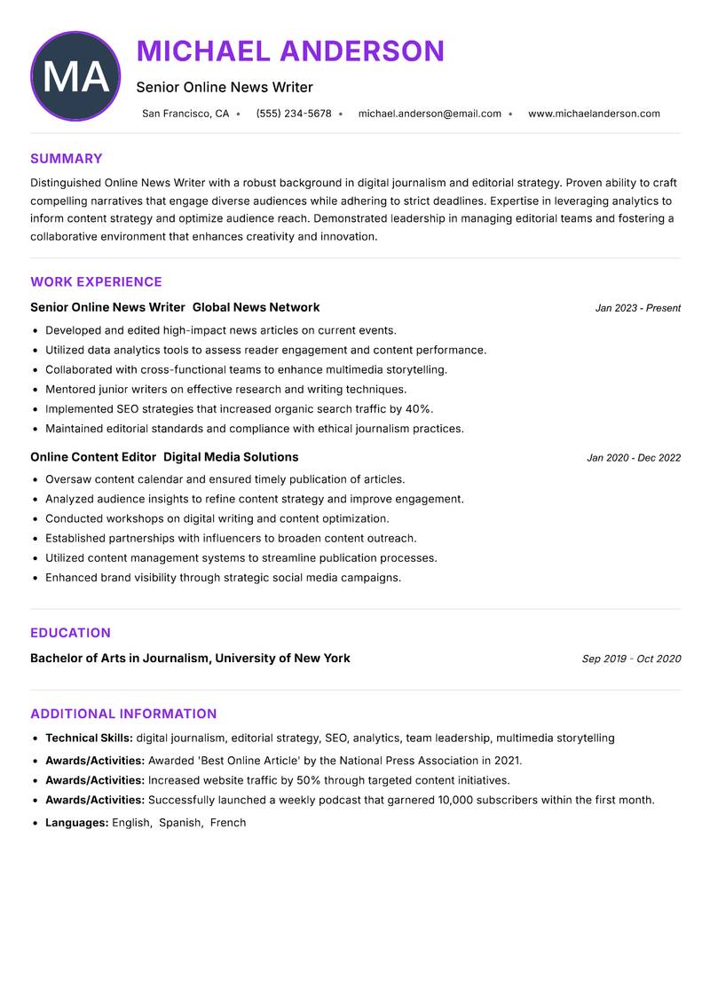 Online News Writer resume example