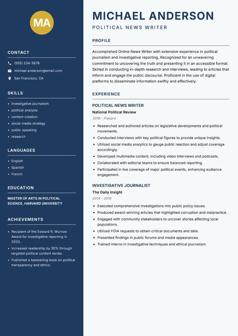 Online News Writer resume sample — Political News Writer focus