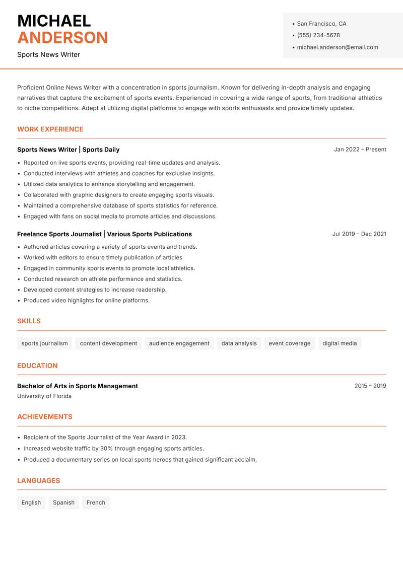 Online News Writer resume sample — Sports News Writer focus