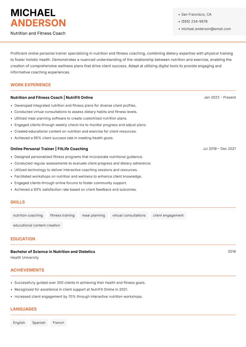 Online Personal Trainer resume sample — Nutrition and Fitness Coach focus
