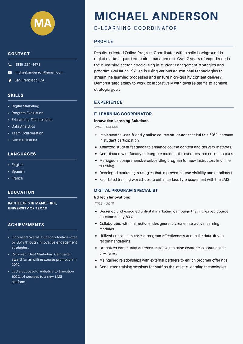 Online Program Coordinator resume sample — E-Learning Coordinator focus