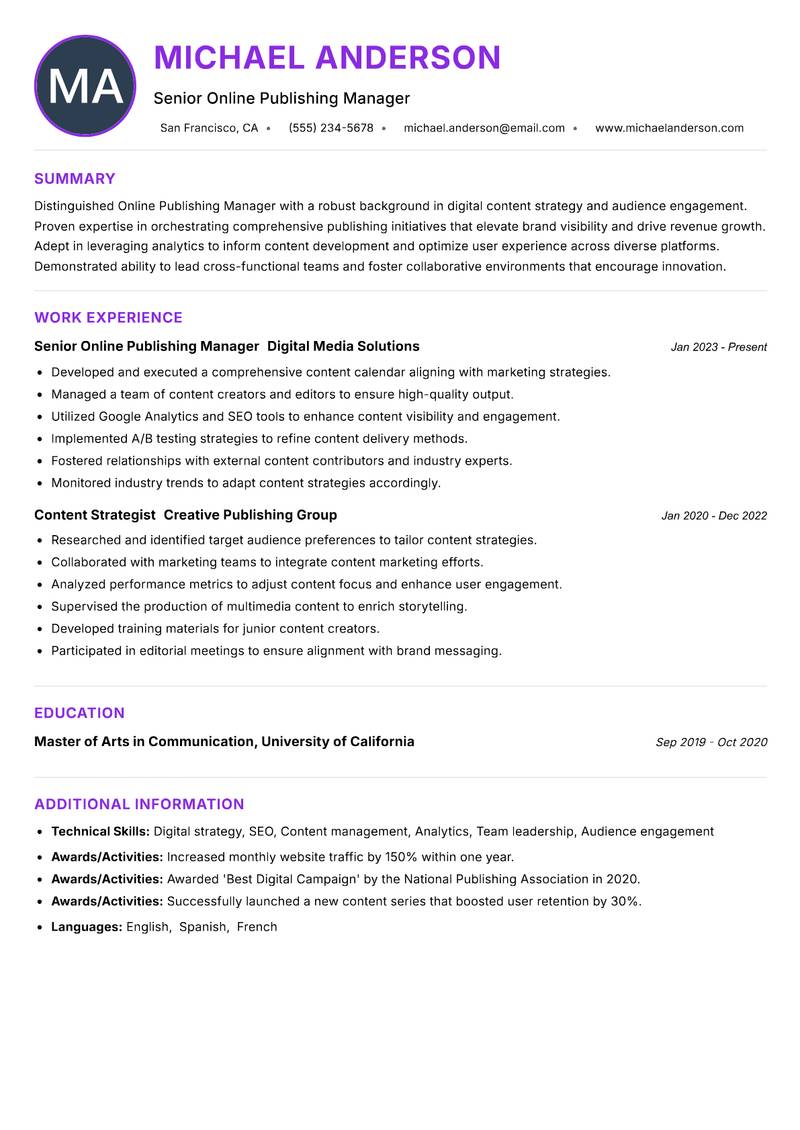 Online Publishing Manager resume example