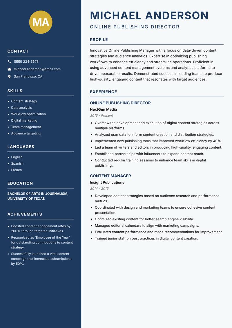 Online Publishing Manager resume sample — Online Publishing Director focus
