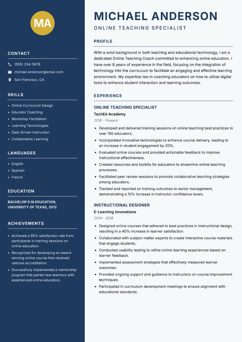 Online Teaching Coach resume sample — Online Teaching Specialist focus