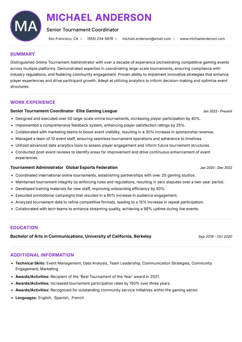 Online Tournament Administrator resume example