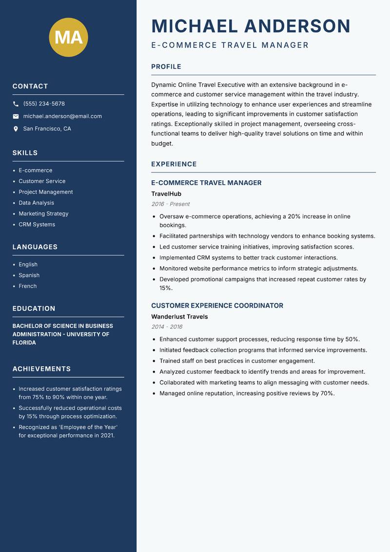 Online Travel Executive resume sample — E-commerce Travel Manager focus