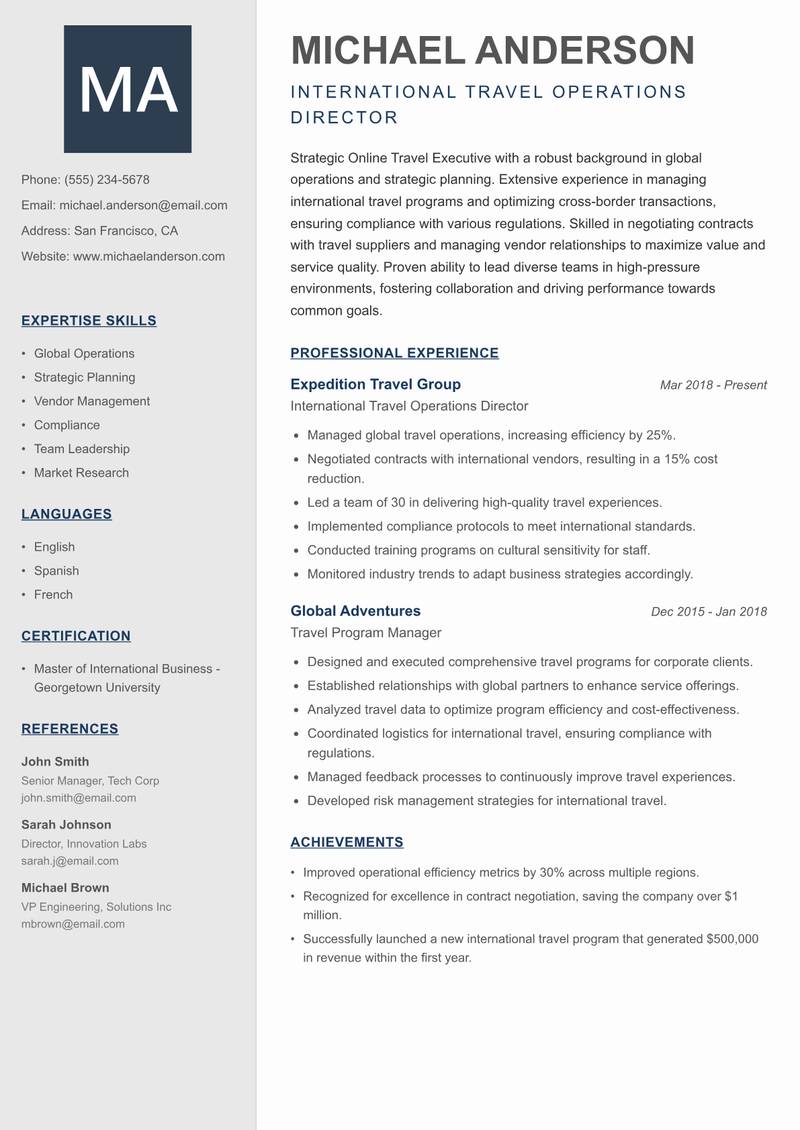 Online Travel Executive resume sample — International Travel Operations Director focus