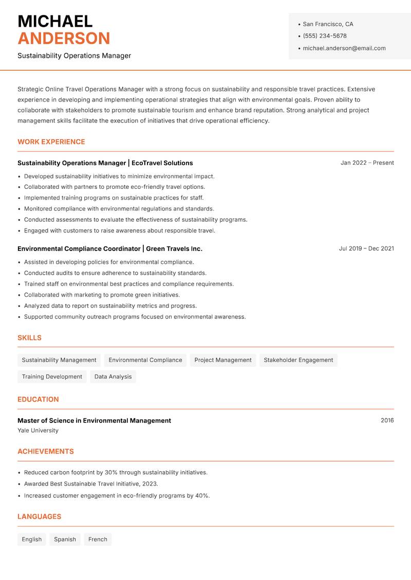 Online Travel Operations Manager resume sample — Sustainability Operations Manager focus