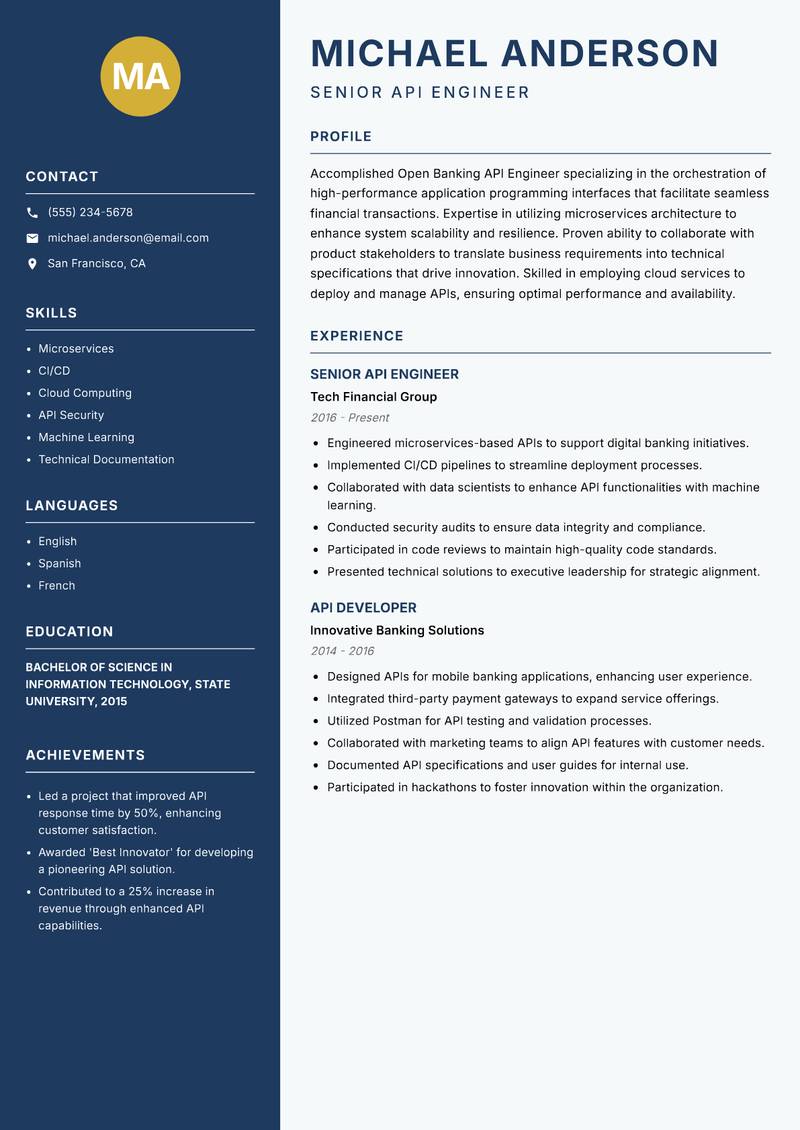 Open Banking API Engineer resume sample — Senior API Engineer focus