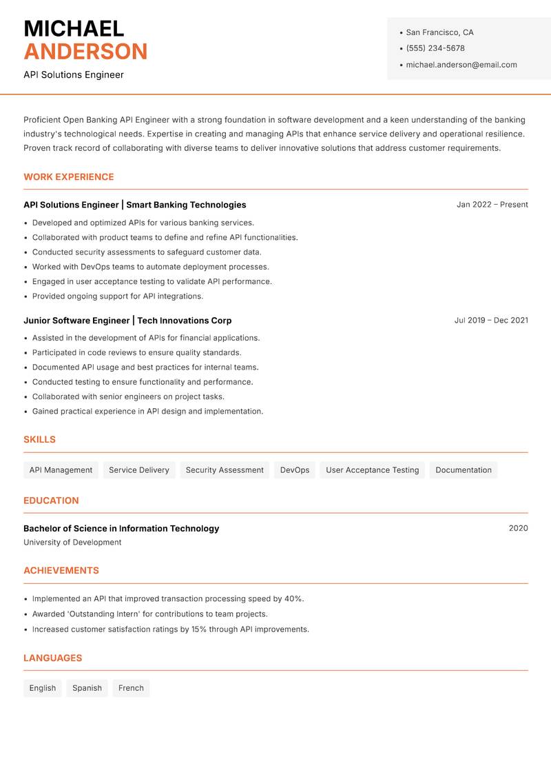 Open Banking API Engineer resume sample — API Solutions Engineer focus