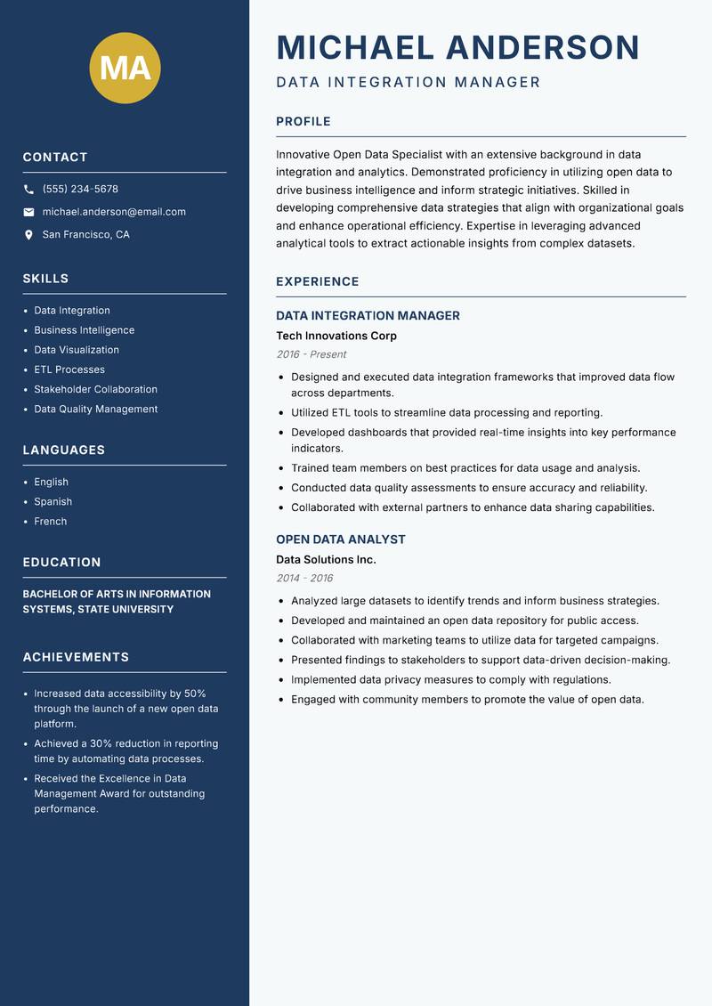 Open Data Specialist resume sample — Data Integration Manager focus