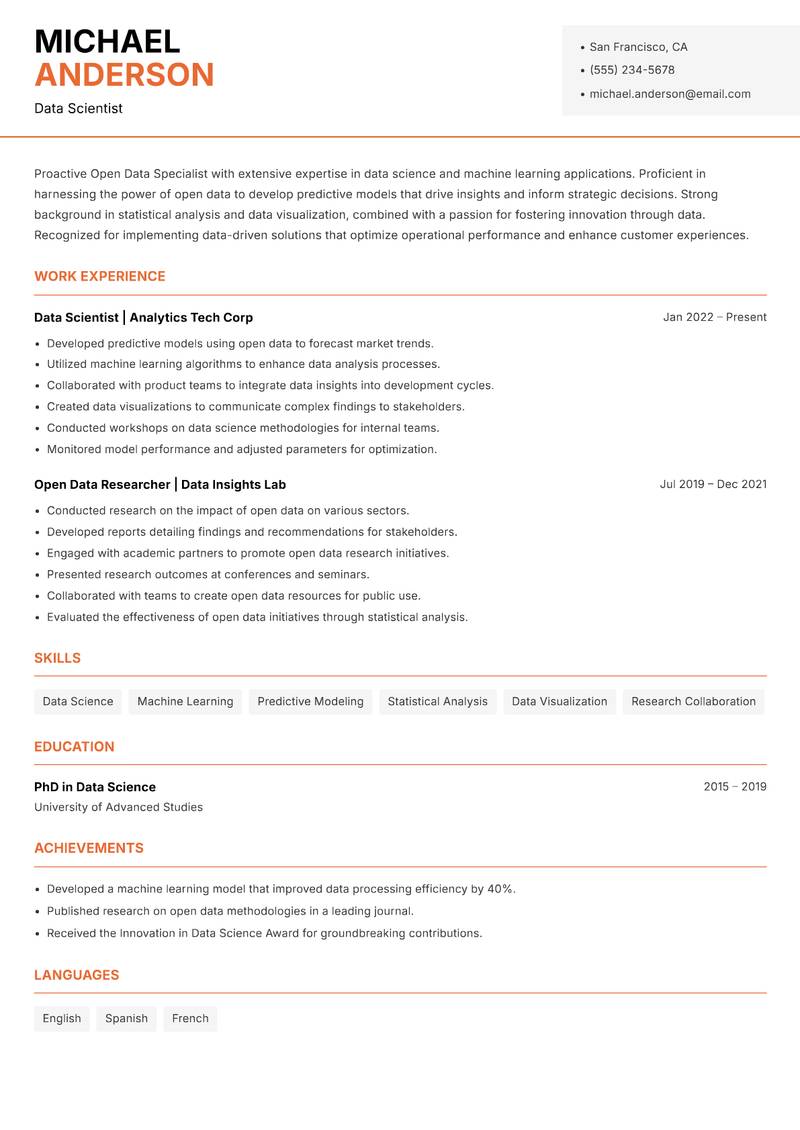 Open Data Specialist resume sample — Data Scientist focus