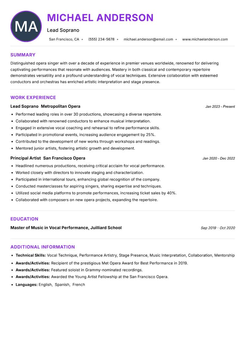 Opera Singer resume example