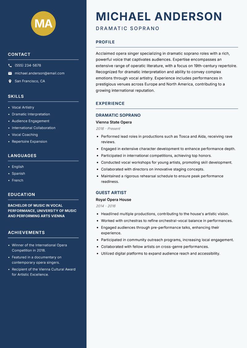 Opera Singer resume sample — Dramatic Soprano focus