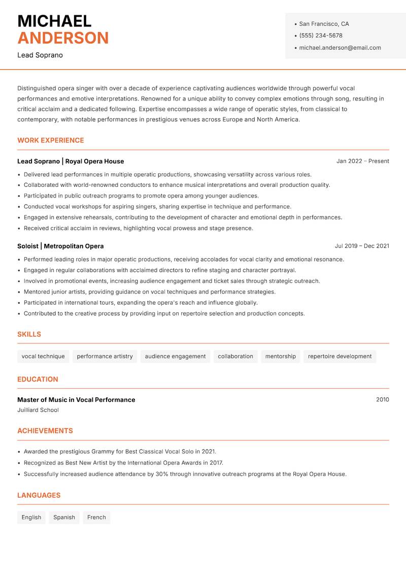 Opera Singer resume sample — Lead Soprano focus