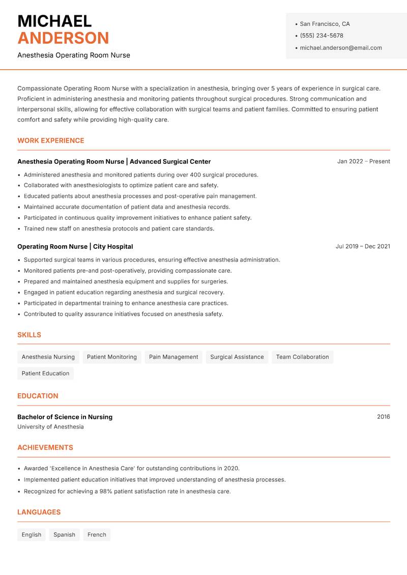 Operating Room Nurse resume sample — Anesthesia Operating Room Nurse focus