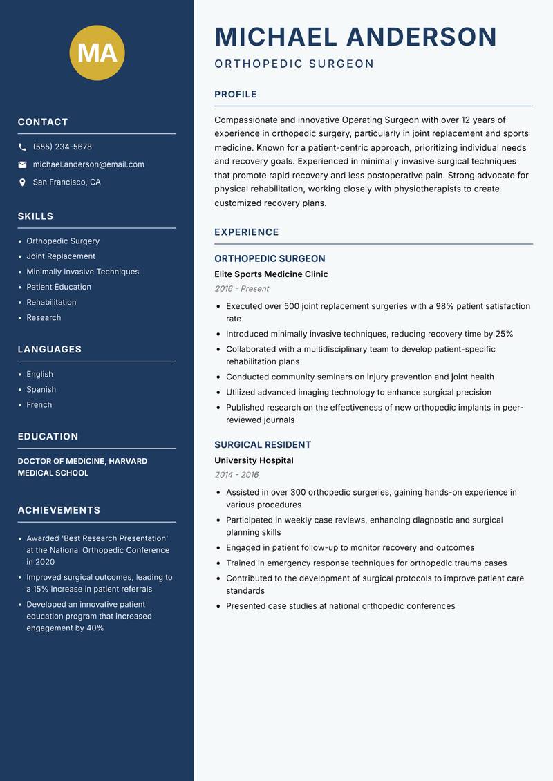 Operating Surgeon resume sample — Orthopedic Surgeon focus