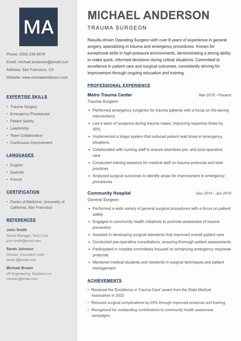 Operating Surgeon resume sample — Trauma Surgeon focus