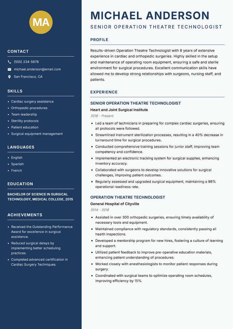 Operation Theatre Technologist resume sample — Senior Operation Theatre Technologist focus