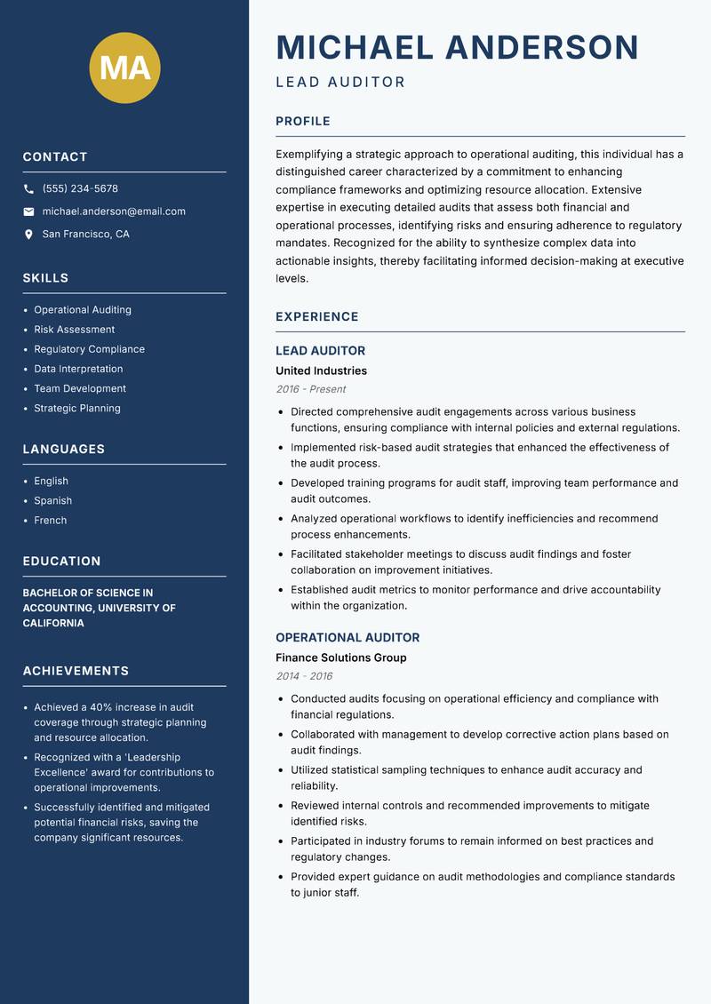 Operational Auditor resume sample — Lead Auditor focus