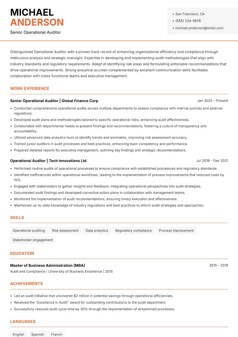 Operational Auditor resume sample — Senior Operational Auditor focus