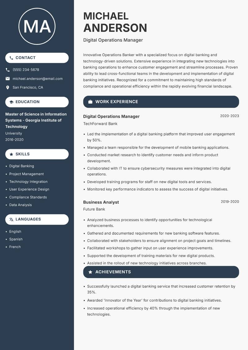 Operations Banker resume sample — Digital Operations Manager focus