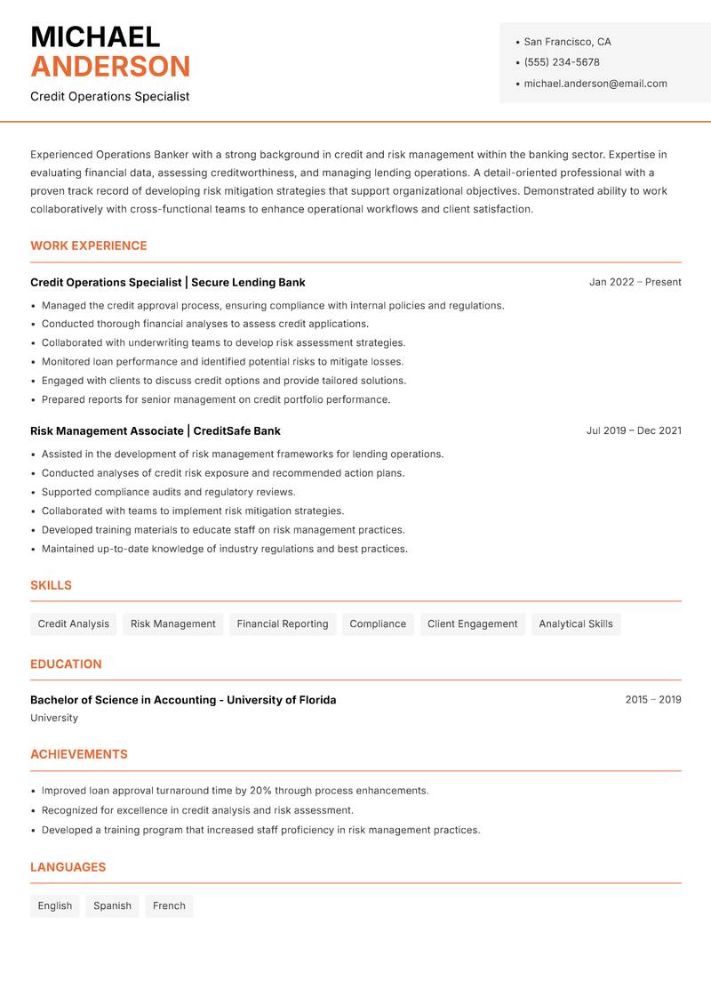 Operations Banker resume sample — Credit Operations Specialist focus