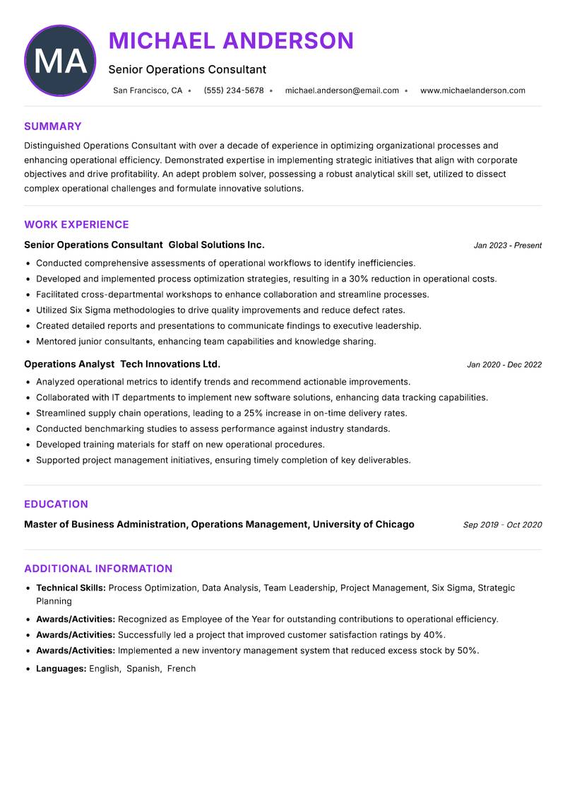 Operations Consultant resume example