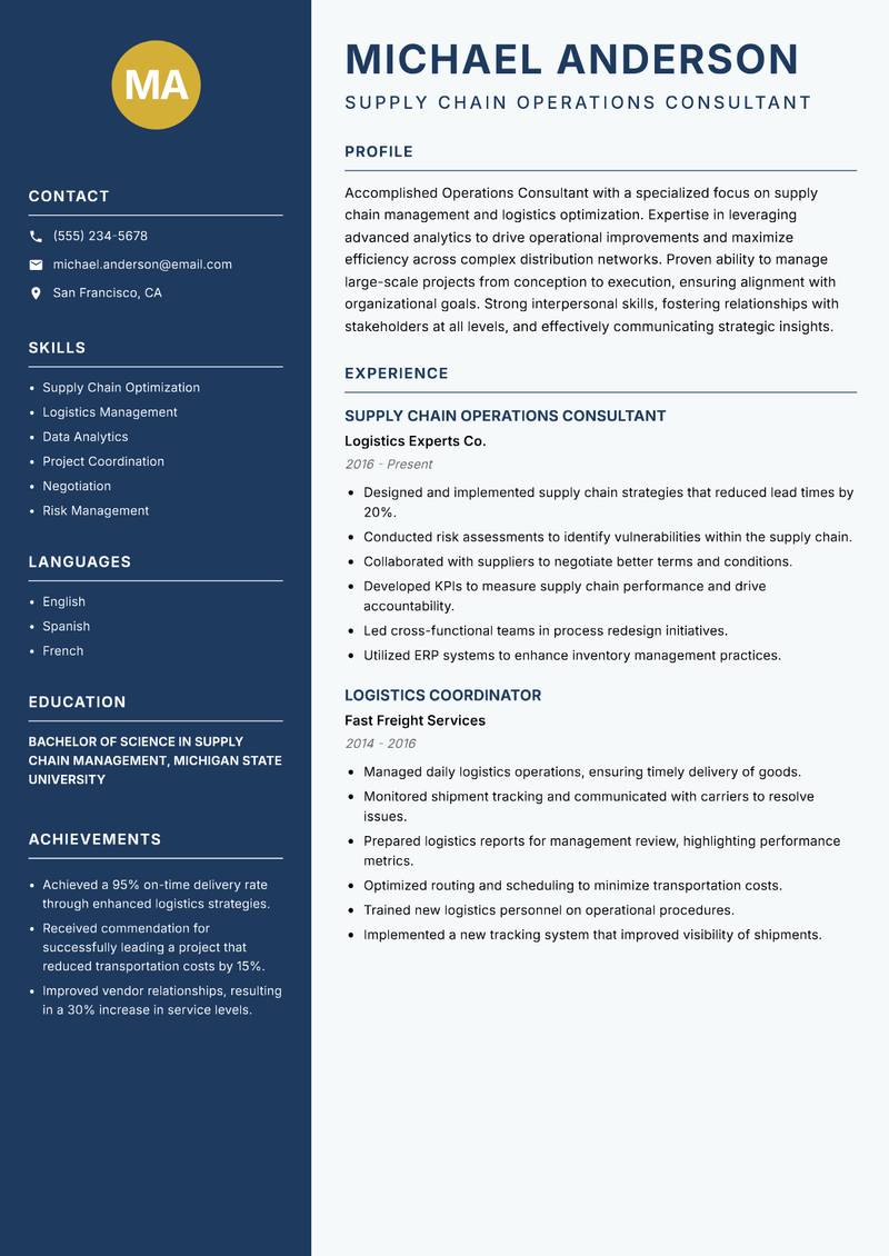 Operations Consultant resume sample — Supply Chain Operations Consultant focus