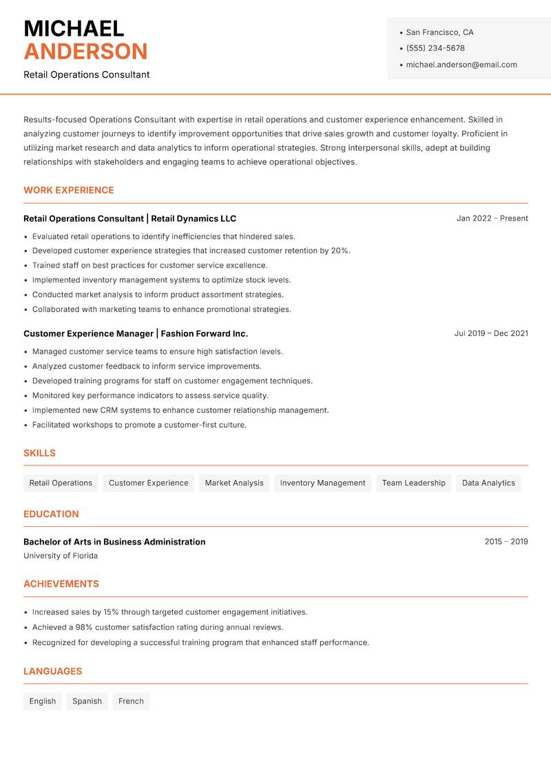 Operations Consultant resume sample — Retail Operations Consultant focus