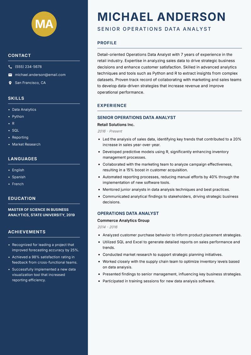 Operations Data Analyst resume sample — Senior Operations Data Analyst focus