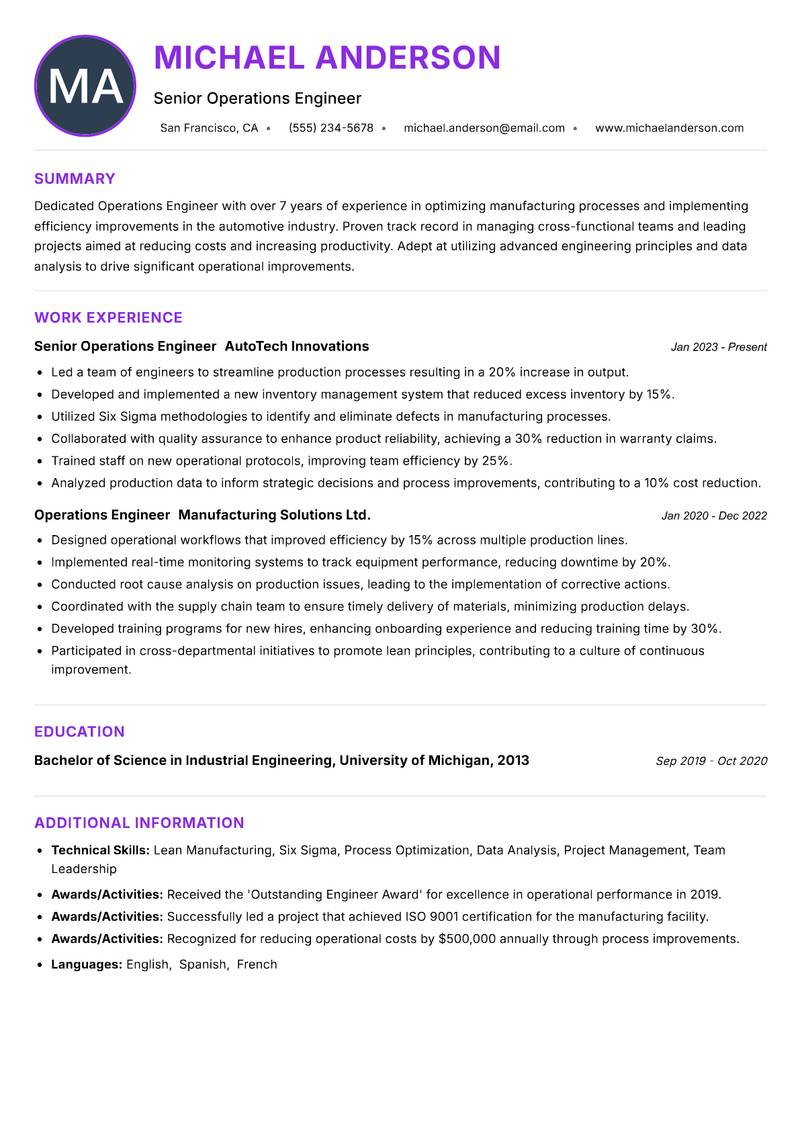 Operations Engineer resume example