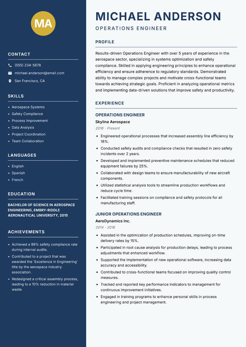 Operations Engineer resume sample — Operations Engineer focus