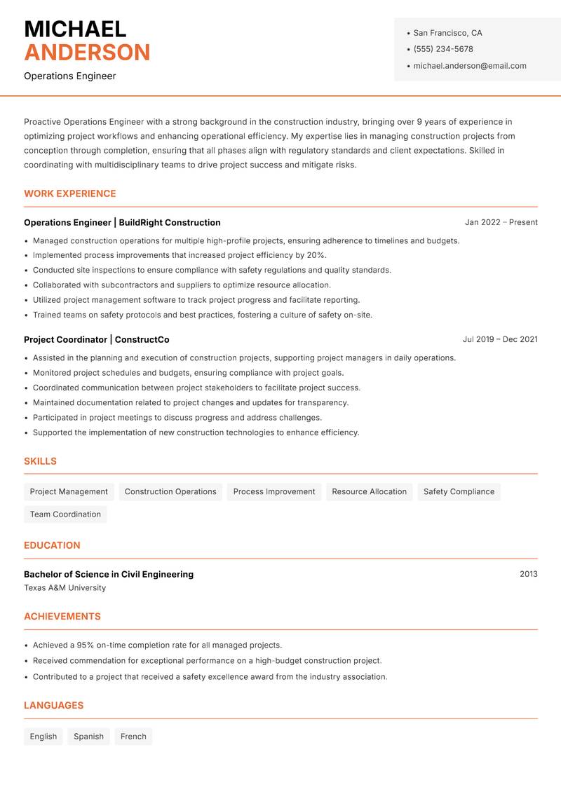 Operations Engineer resume sample — Operations Engineer focus