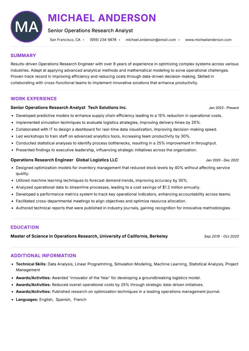Operations Research Engineer resume example