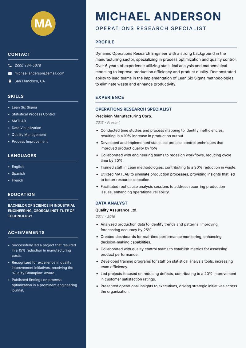 Operations Research Engineer resume sample — Operations Research Specialist focus
