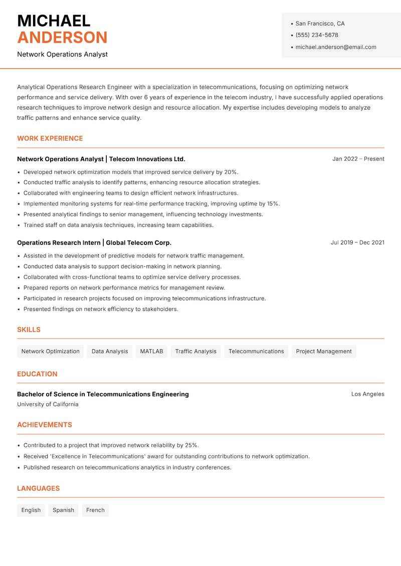 Operations Research Engineer resume sample — Network Operations Analyst focus