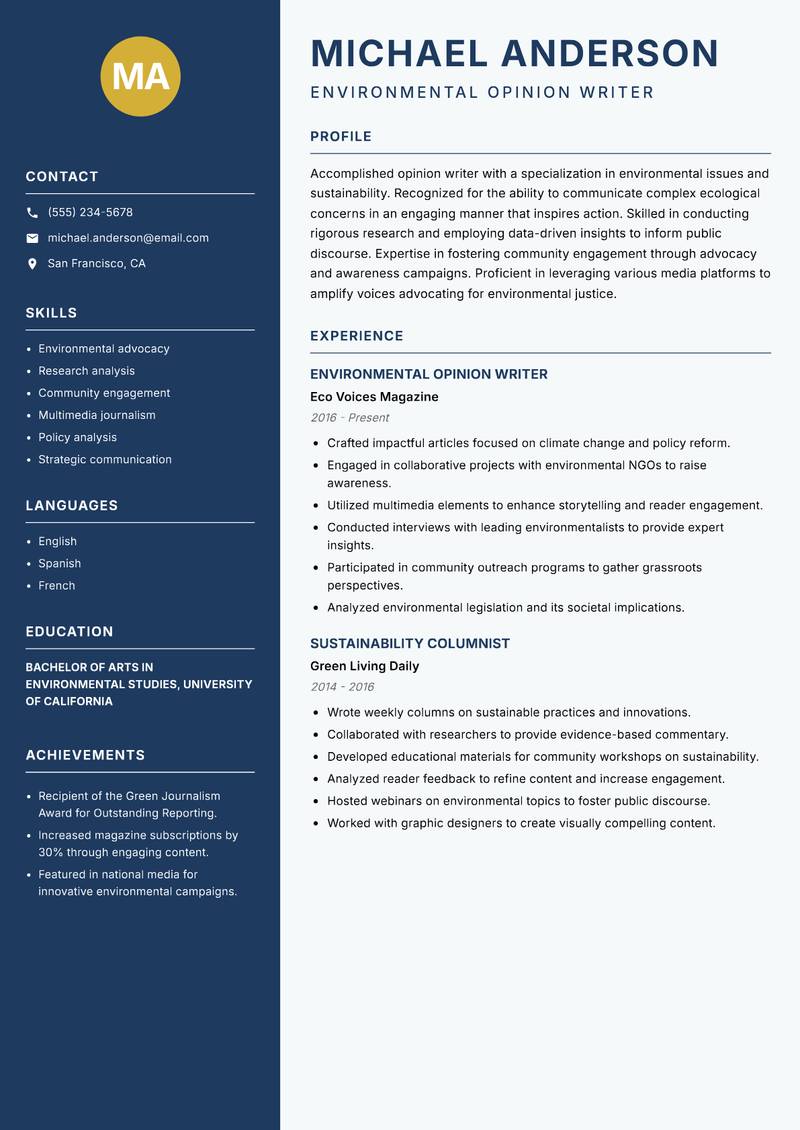 Opinion Writer resume sample — Environmental Opinion Writer focus