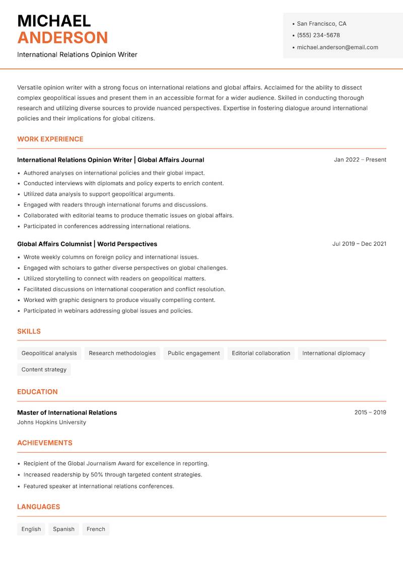 Opinion Writer resume sample — International Relations Opinion Writer focus