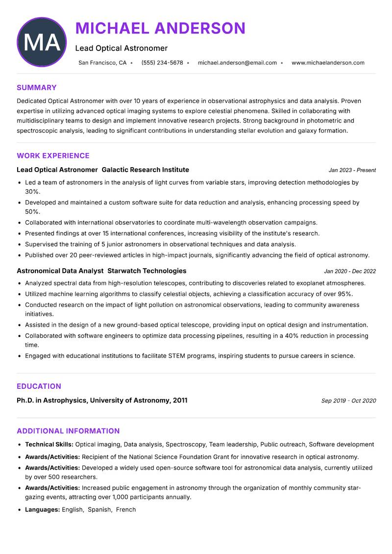 Optical Astronomer resume example