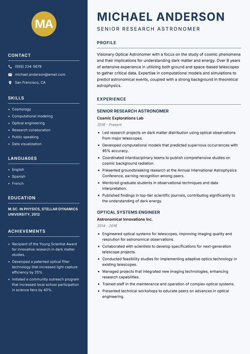 Optical Astronomer resume sample — Senior Research Astronomer focus