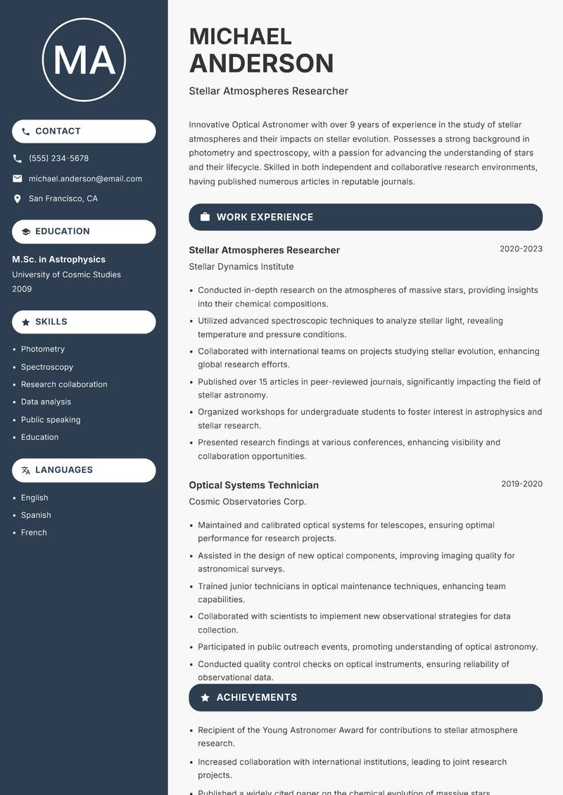 Optical Astronomer resume sample — Stellar Atmospheres Researcher focus