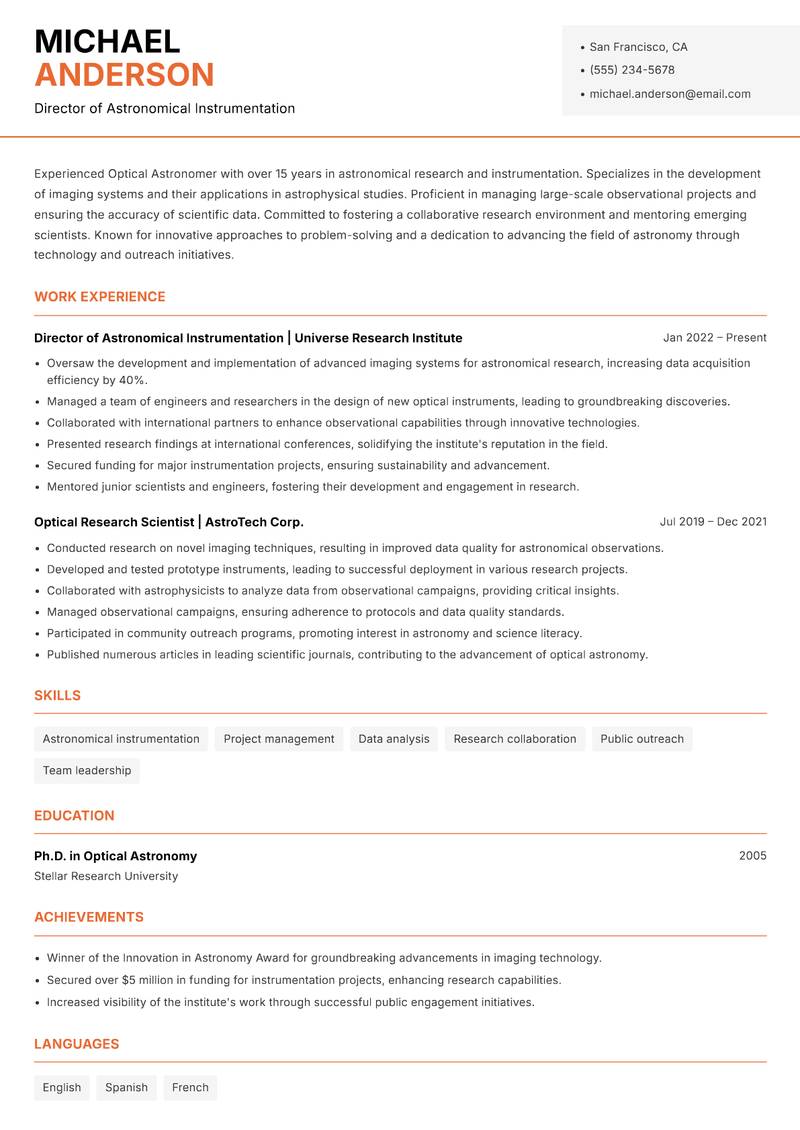Optical Astronomer resume sample — Director of Astronomical Instrumentation focus