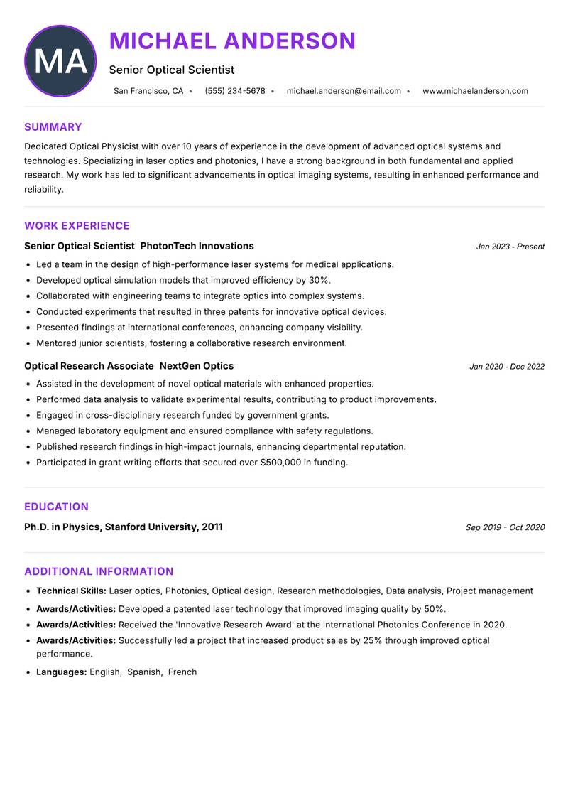 Optical Physicist resume example