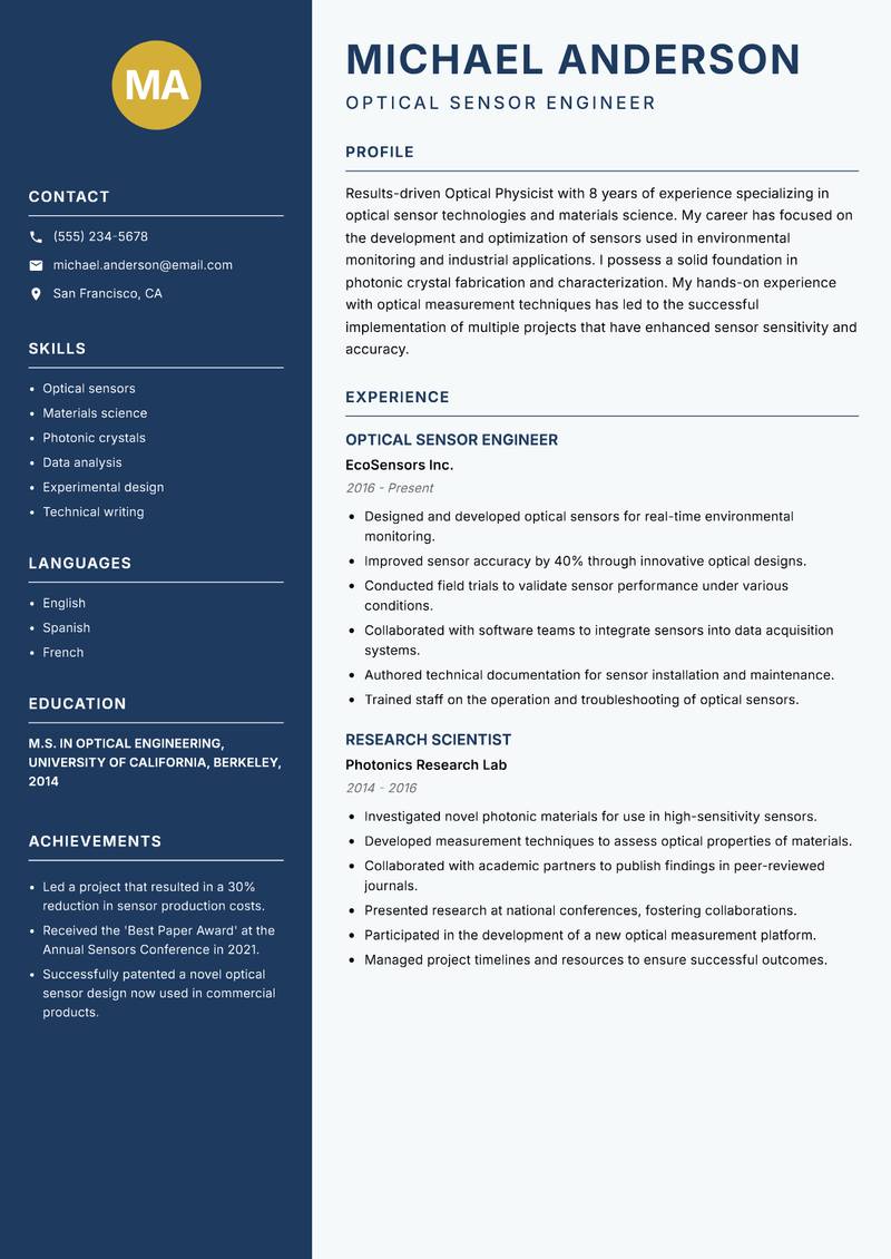 Optical Physicist resume sample — Optical Sensor Engineer focus