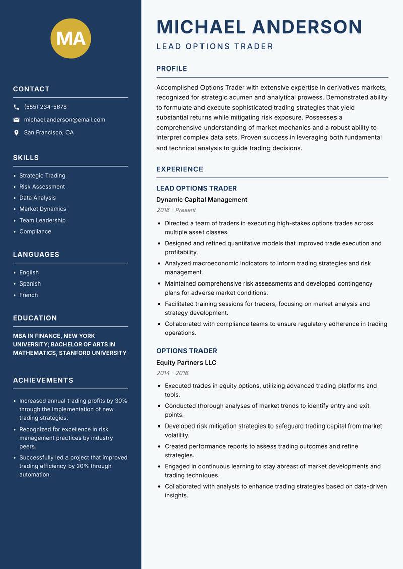 Options Trader resume sample — Lead Options Trader focus