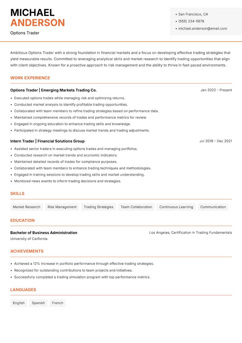 Options Trader resume sample — Options Trader focus