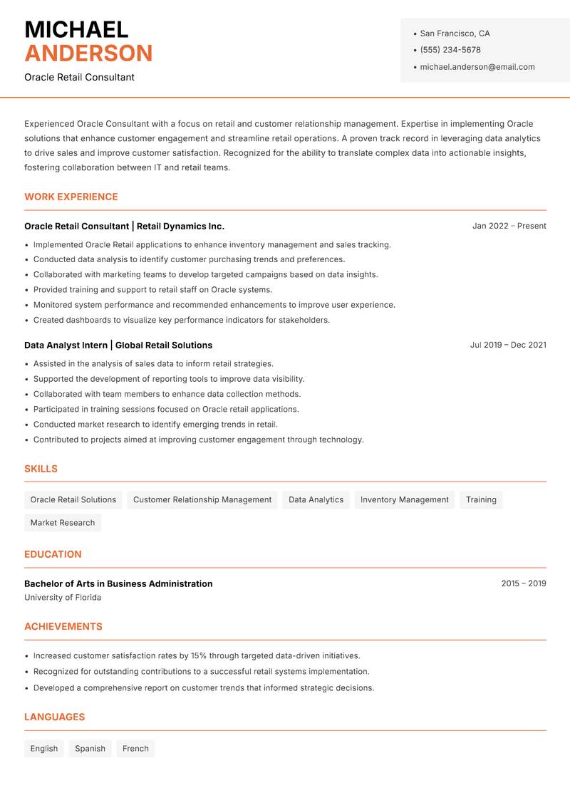 Oracle Consultant resume sample — Oracle Retail Consultant focus
